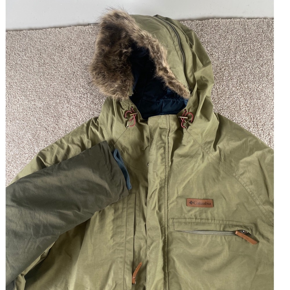 Columbia TurboDown Omni-Heat Parka Mens XL Olive Green Faux Fur Hood Jacket